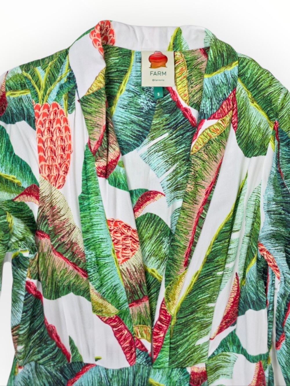 FARM Rio Pineapple Tropical Maxi Dress Womens S White Green Long Sleeve V Neck - Picture 7 of 12